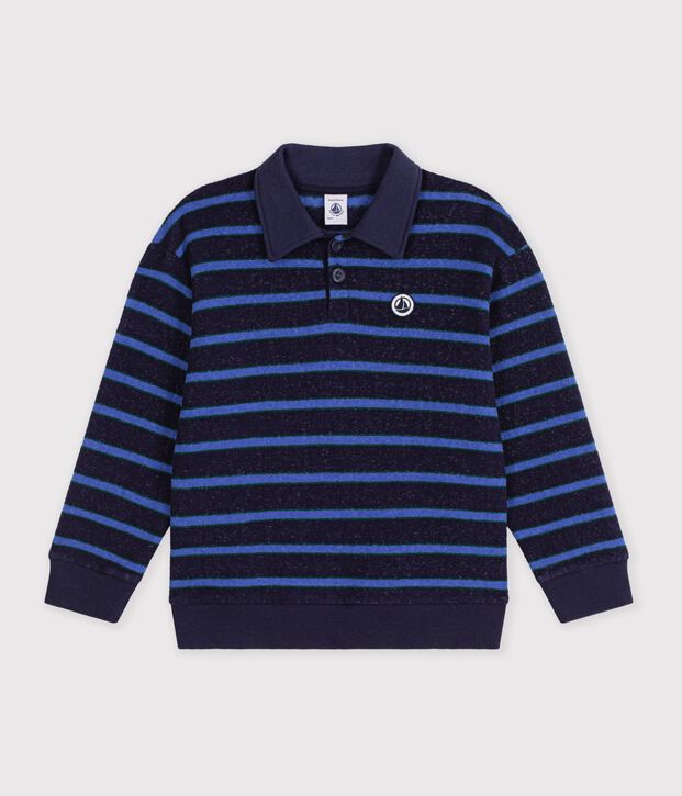 Children's stripy cotton polo neck sweatshirt blue/green/blue