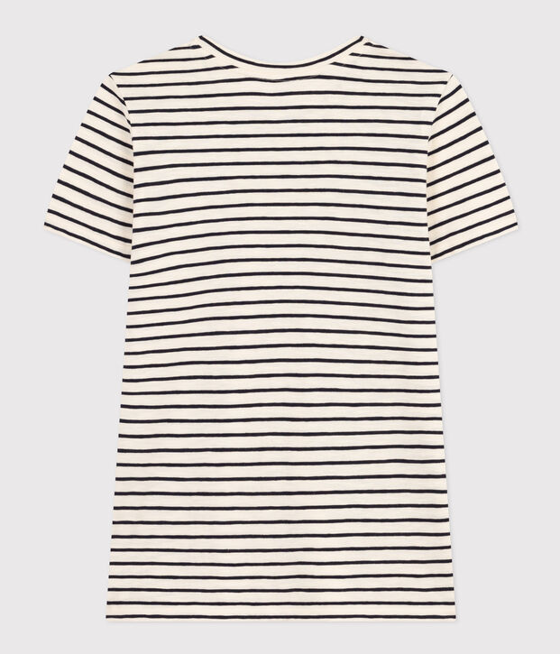 Women's Straight Round-Neck Cotton T-Shirt Ecru/blue