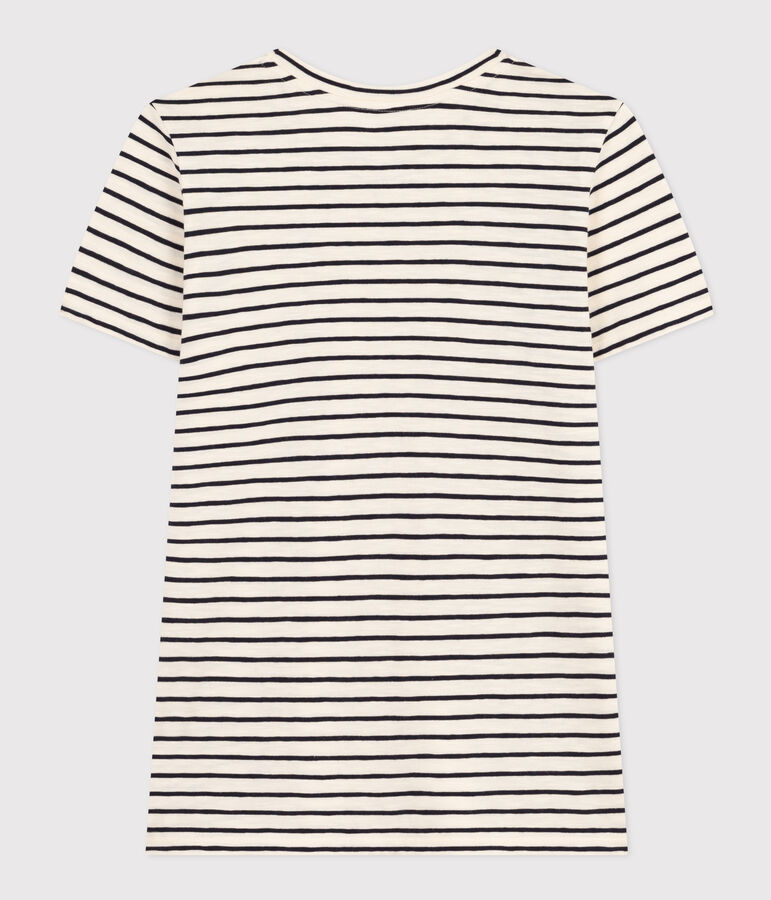 Women's Straight Round-Neck Cotton T-Shirt Ecru/blue