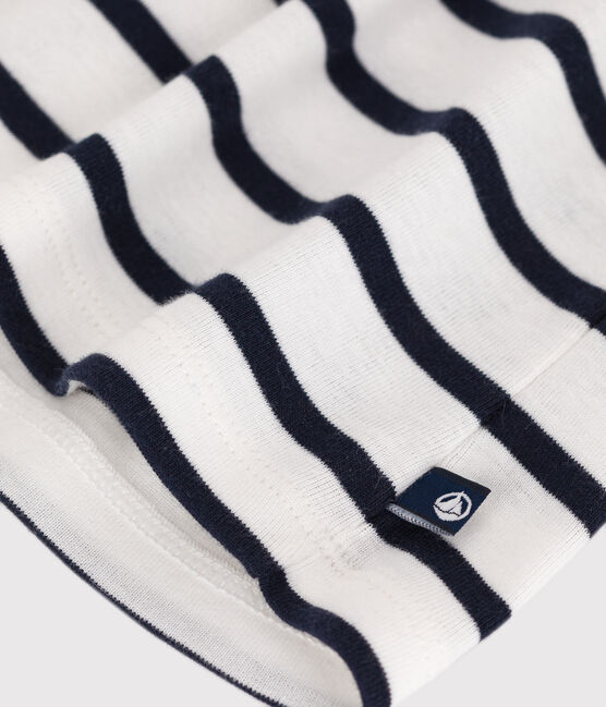 Babies' short-sleeved Breton top with a sailor collar MARSHMALLOW white/SMOKING blue