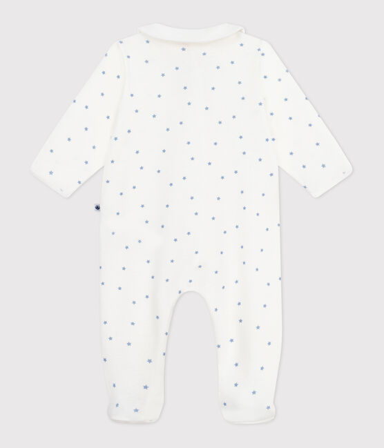 Babies' star printed cotton pyjama suit with a collar MARSHMALLOW white/ALASKA blue