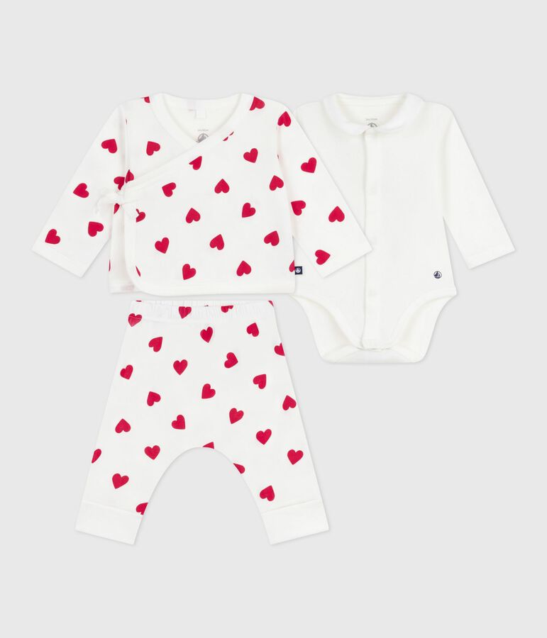 Babies' three piece heart print cotton wrapover top set white/red