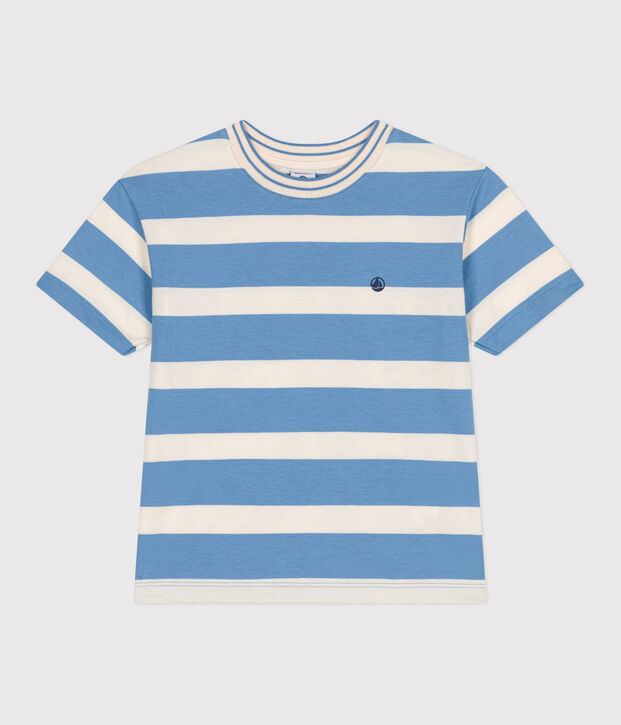 Children's short-sleeved stripy cotton T-shirt blue/ecru