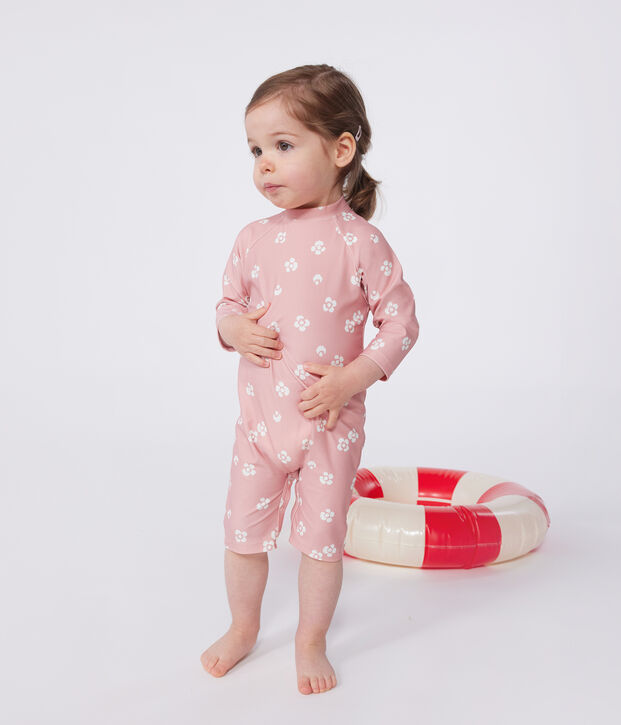 Babies' anti-UV floral print jumpsuit pink/white