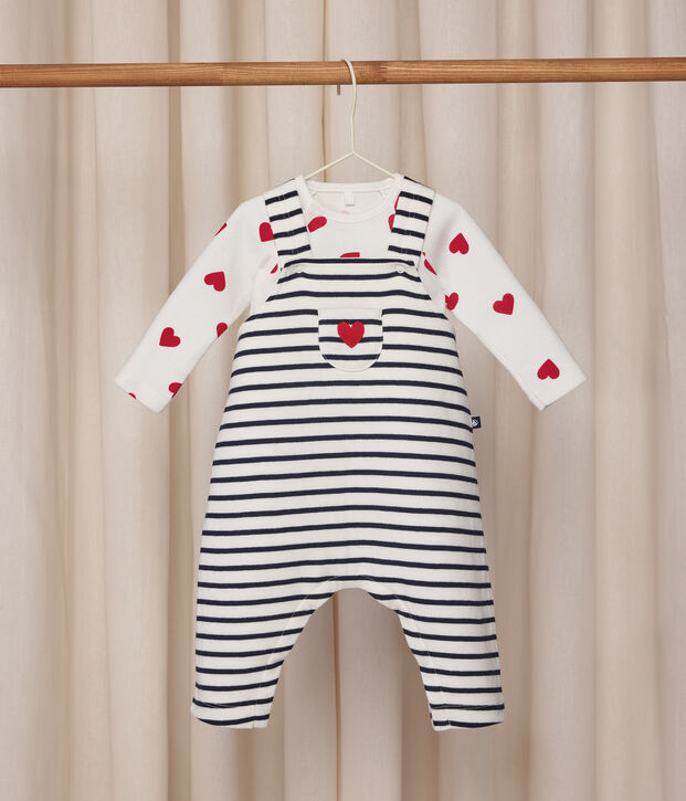 Babies' stripy dungarees/body set featuring a body printed with hearts white/blue