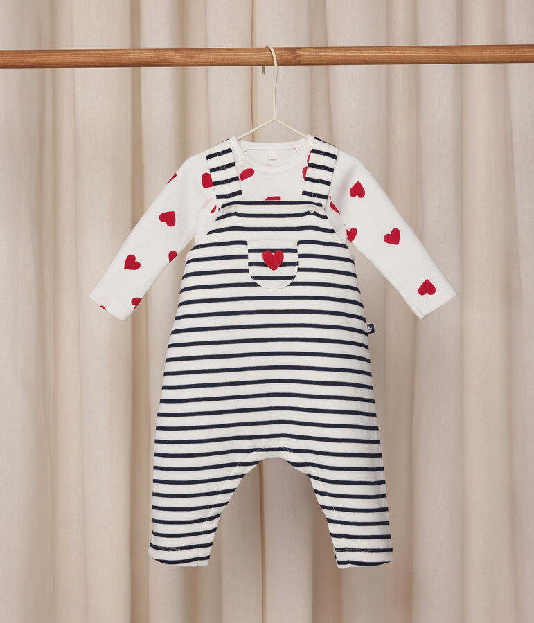 Babies' stripy dungarees/body set featuring a body printed with hearts MARSHMALLOW white/SMOKING blue