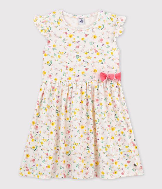 Girls' Short-Sleeved Cotton Dress MARSHMALLOW white/MULTICO white