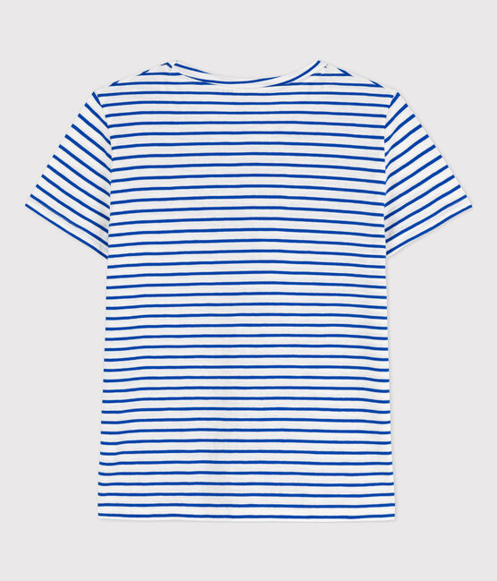 Women's Straight Round-Neck Cotton T-Shirt MARSHMALLOW white/PERSE blue