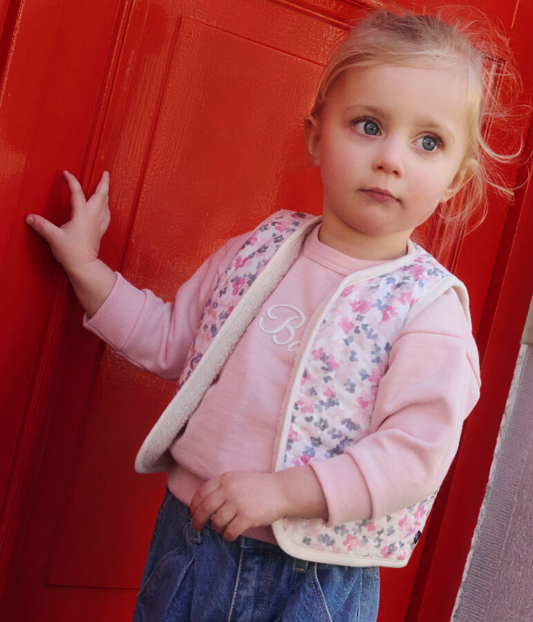 Babies' sleeveless cardigan in printed cotton poplin and sherpa Ecru/multicolor