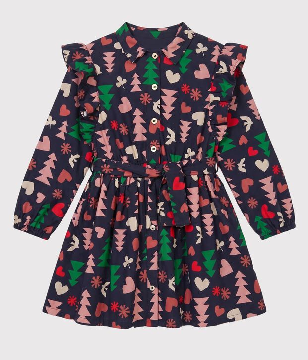 Little girl's long-sleeved flannel dress blue/multicolor