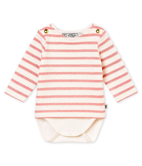 Baby girl's sailor striped body T-shirt MARSHMALLOW white/JOLI BRILLANT pink
