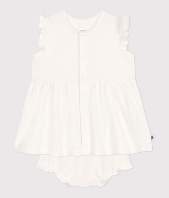Babies' short-sleeved white honeycomb dress and bloomers MARSHMALLOW white