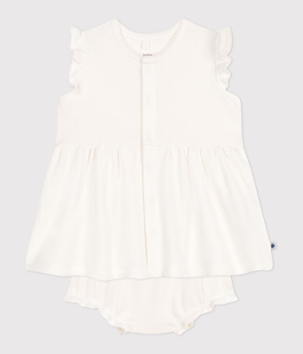 Babies' short-sleeved white honeycomb dress and bloomers white
