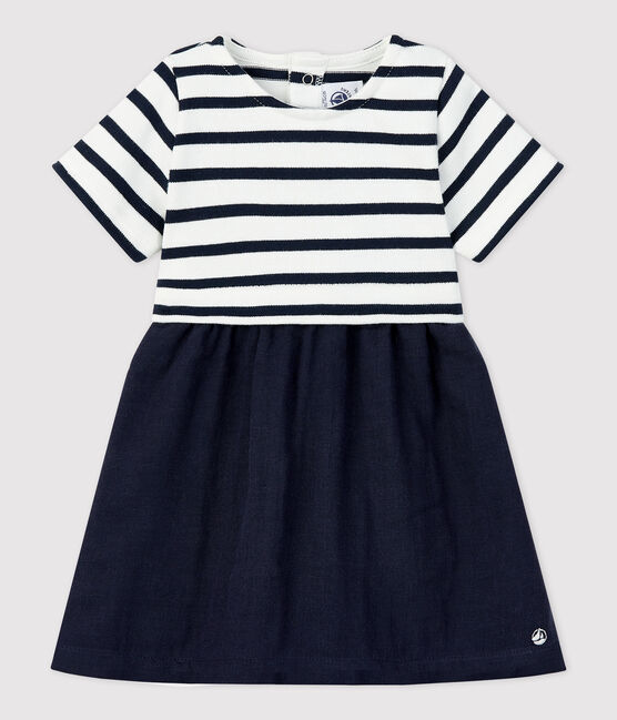 Babies' Organic Thick Jersey and Cotton Gauze Dress MARSHMALLOW white/SMOKING blue