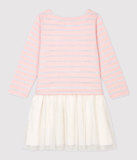 Girls' Long-Sleeved Cotton/Tulle Dress MINOIS pink/MARSHMALLOW ARGENT BRILLANT