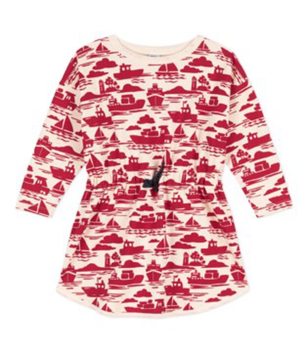 Girls' Long-Sleeved Patterned Fleece Dress Ecru/red