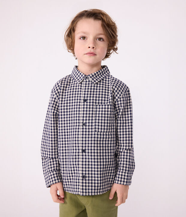 Boys' checked cotton shirt blue/ecru