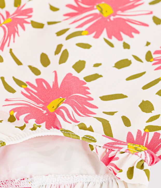 Babies' one-piece swimsuit with ruffles and a flower print. white/multicolor