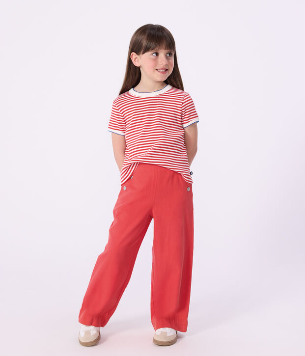 Children's short-sleeved stripy cotton T-shirt red/white