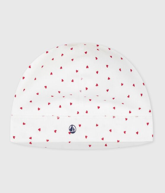 Newborn cotton beanie with a heart print MARSHMALLOW white/TERKUIT red