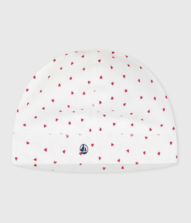 Newborn cotton beanie with a heart print white/red