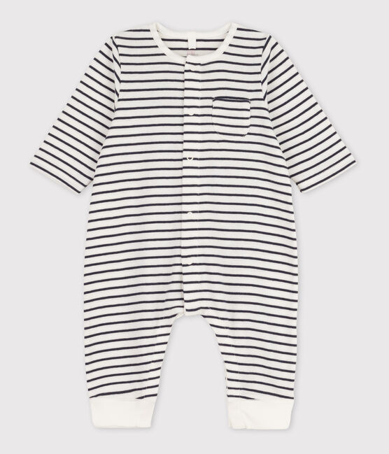 Babies' Striped Organic Cotton Long Playsuit MARSHMALLOW white/SMOKING blue