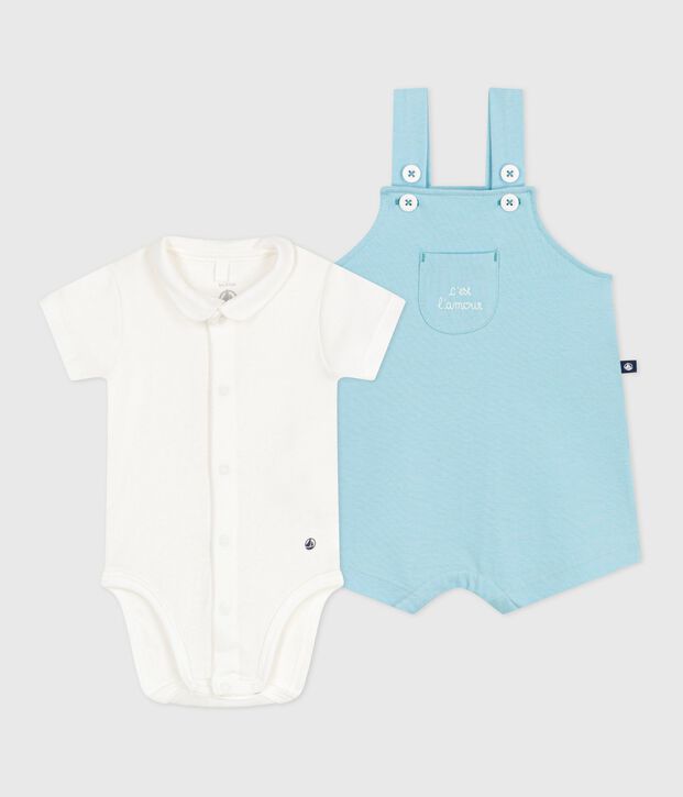 Newborn baby set with sun print cotton dungarees and a body blue