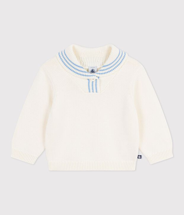 Babies' stripy cotton jumper with a shawl collar MILK