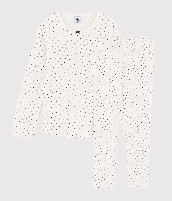 Girls' Heart Pattern Cotton Pyjamas MARSHMALLOW white/MEDIEVAL blue