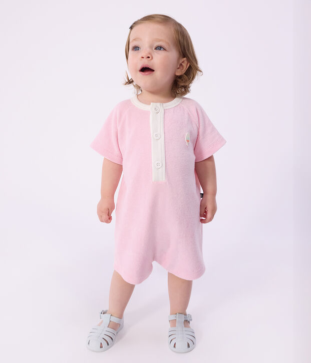 Babies' short plain cotton jumpsuit pink