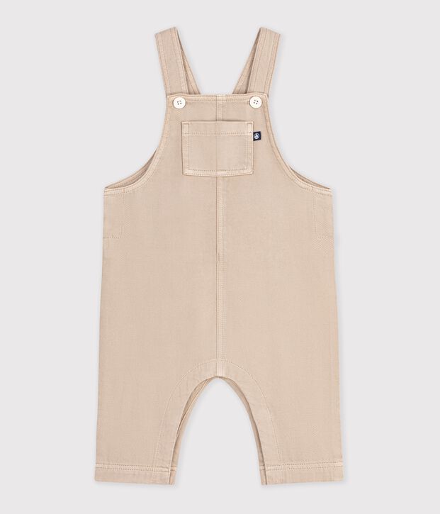 Babies' long-leg plain twill dungarees beige