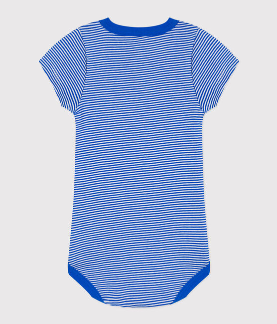 Babies' Short-Sleeved Pinstriped Cotton Bodysuit PERSE blue/MARSHMALLOW white
