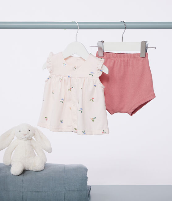 Newborn babies' two-piece cotton set with a ruffled blouse FLEUR pink/MULTICO white
