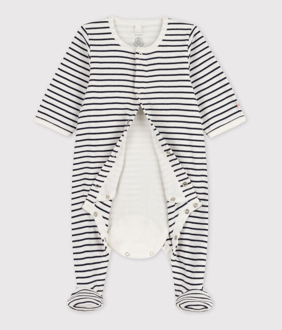 Babies' Stripy Cotton Bodyjama MARSHMALLOW white/SMOKING blue