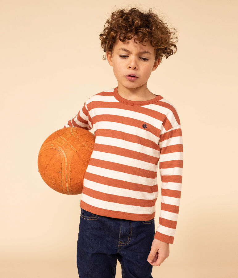 Boys' long-sleeved cotton T-shirt brown/ecru