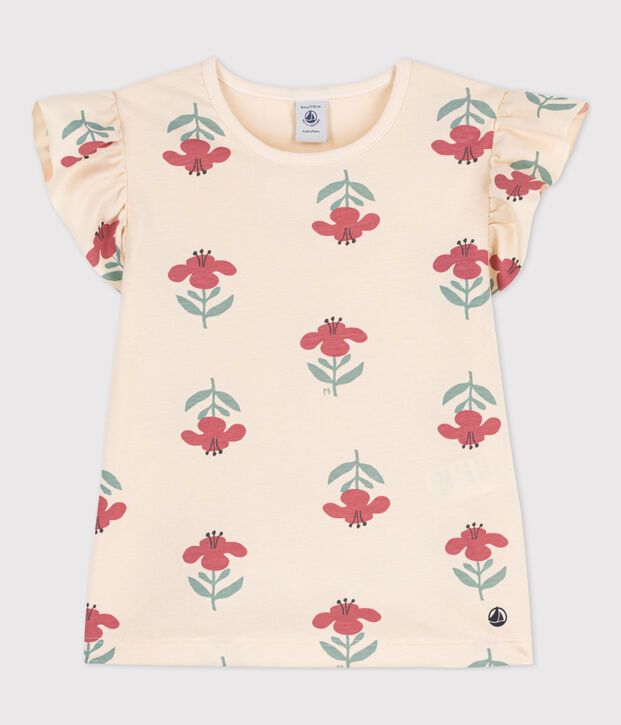 Girls' Printed Cotton T-Shirt Ecru/blue/multicolor