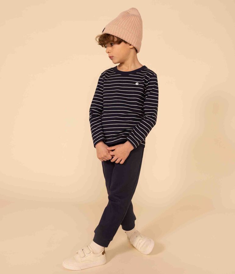 Boys' long-sleeved cotton T-shirt blue/white