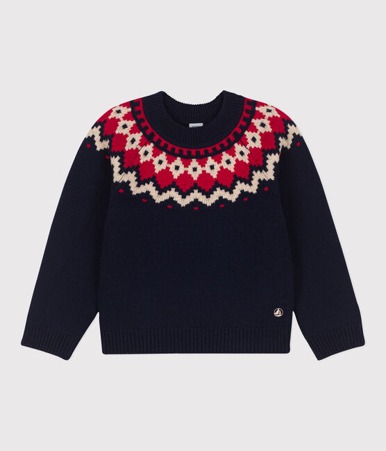 Boys' Wool/Cotton Patterned Knit Pullover SMOKING blue/MULTICO white