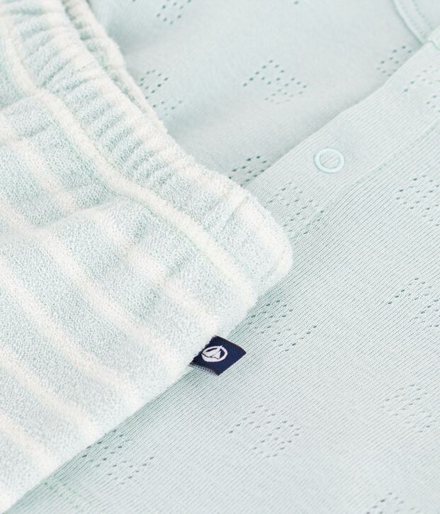 Babies' short cotton two-piece outfit with a stripy bottom half blue/ecru