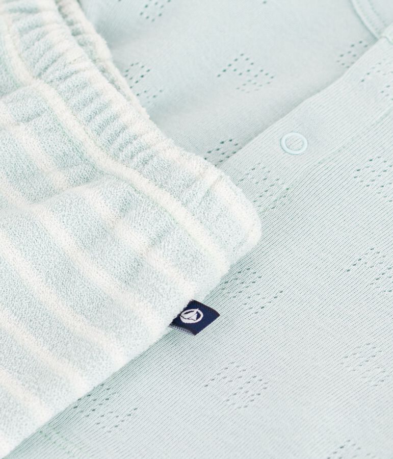Babies' short cotton two-piece outfit with a stripy bottom half blue/ecru