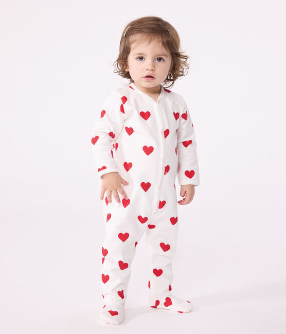 Baby cotton pyjamas with red hearts MARSHMALLOW white/TERKUIT red