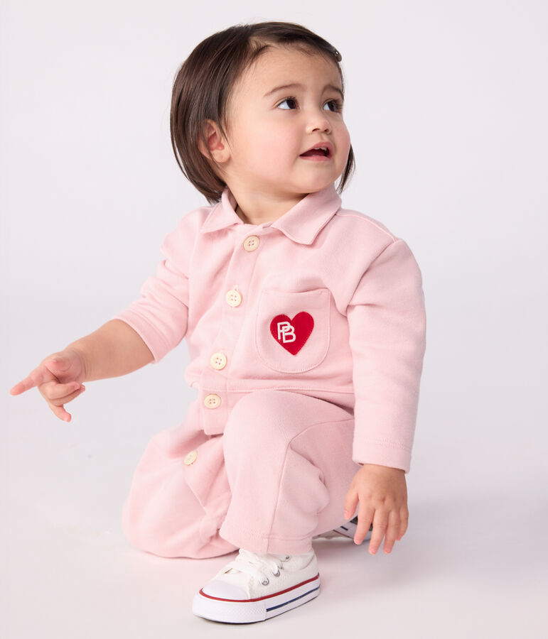 Babies' long, plain overall-style cotton playsuit pink