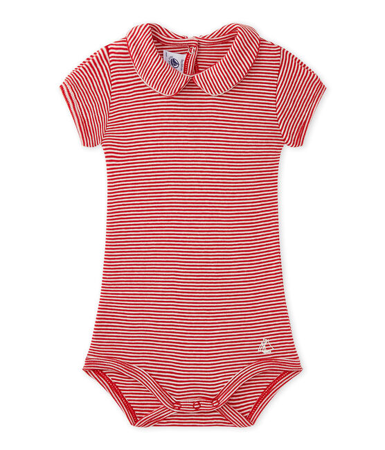 Baby girl's bodysuit with striped collar TERKUIT red/MARSHMALLOW white