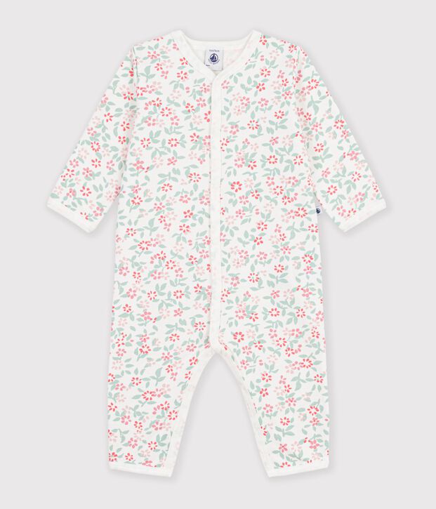 Babies' footless fleece pyjama suit with a floral print white/multicolor