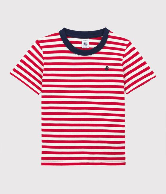 Boys' Short-Sleeved Cotton T-Shirt PEPS red/MARSHMALLOW white