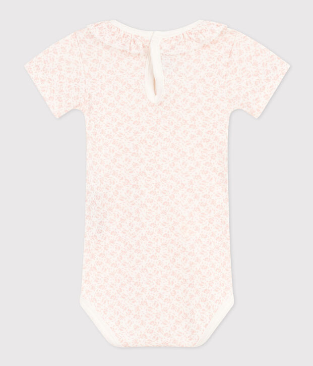 Babies' Short-Sleeved Cotton Bodysuit With Ruffle Collar white/pink