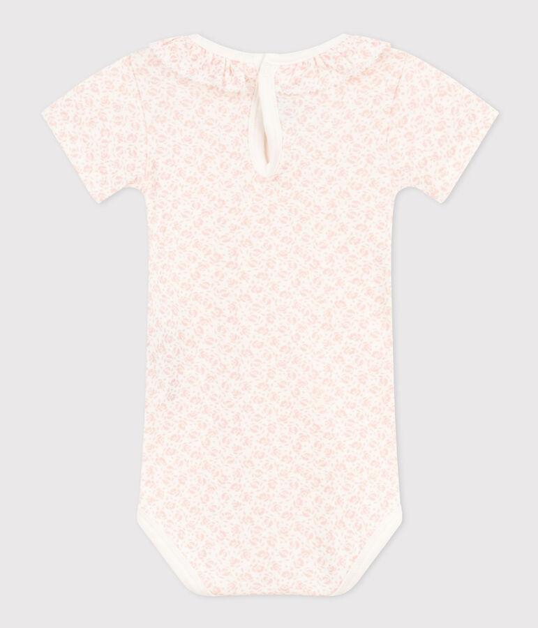 Babies' Short-Sleeved Cotton Bodysuit With Ruffle Collar white/pink