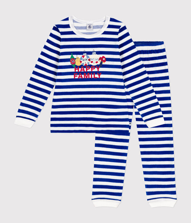 Children's stripy velour pyjamas blue/white