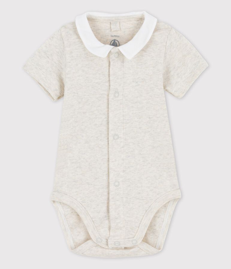 Babies' Short-Sleeved Organic Cotton Bodysuit with Collar MONTELIMAR CHINE beige