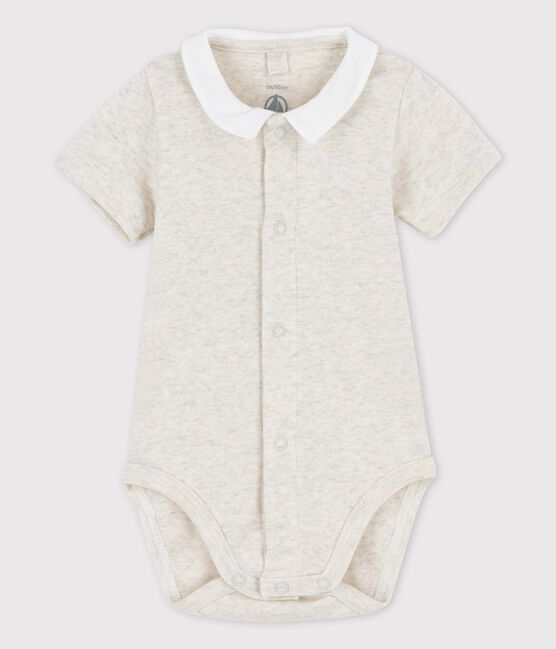 Babies' Short-Sleeved Organic Cotton Bodysuit with Collar MONTELIMAR CHINE beige